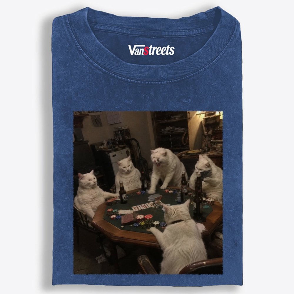 White Cats Mahjong Night Retro Washed T-Shirt | 100% Cotton | Streetwear Essential