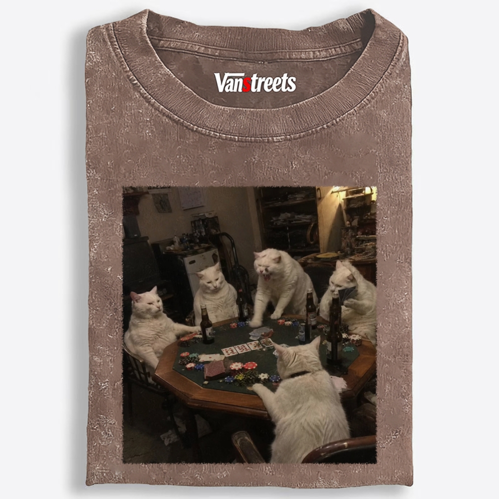 White Cats Mahjong Night Retro Washed T-Shirt | 100% Cotton | Streetwear Essential