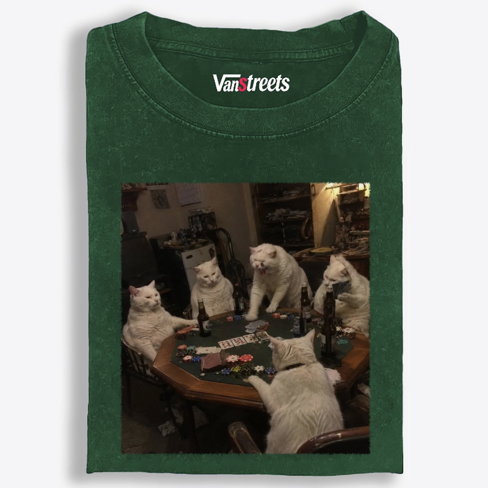 White Cats Mahjong Night Retro Washed T-Shirt | 100% Cotton | Streetwear Essential
