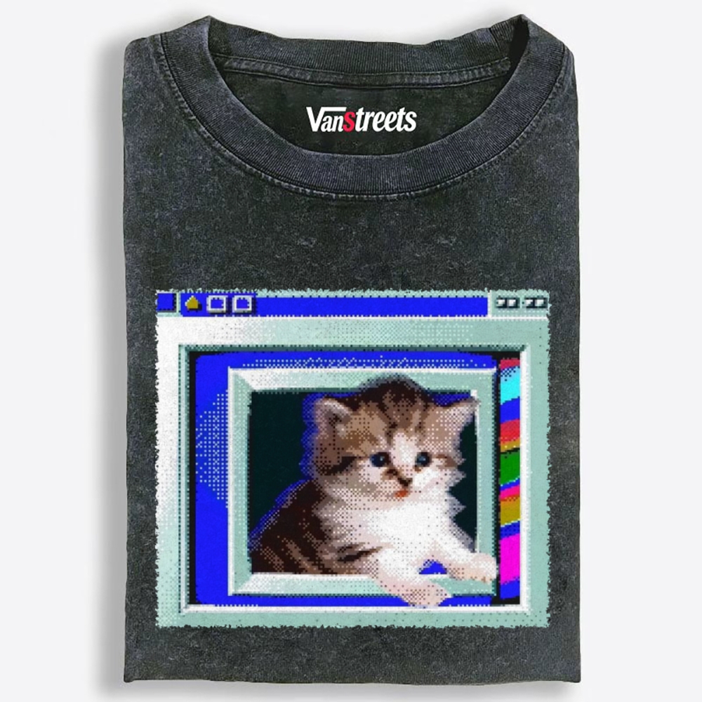 Windows Pop-out Pixel Kitten Retro Washed T-Shirt | 100% Cotton | Streetwear Essential
