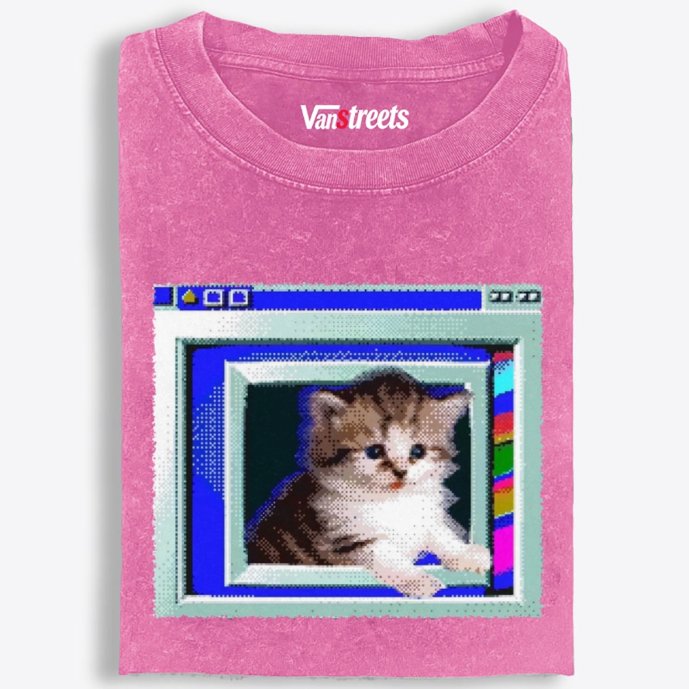 Windows Pop-out Pixel Kitten Retro Washed T-Shirt | 100% Cotton | Streetwear Essential