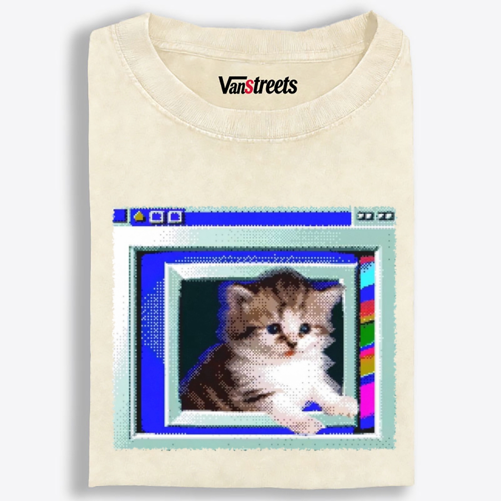 Windows Pop-out Pixel Kitten Retro Washed T-Shirt | 100% Cotton | Streetwear Essential