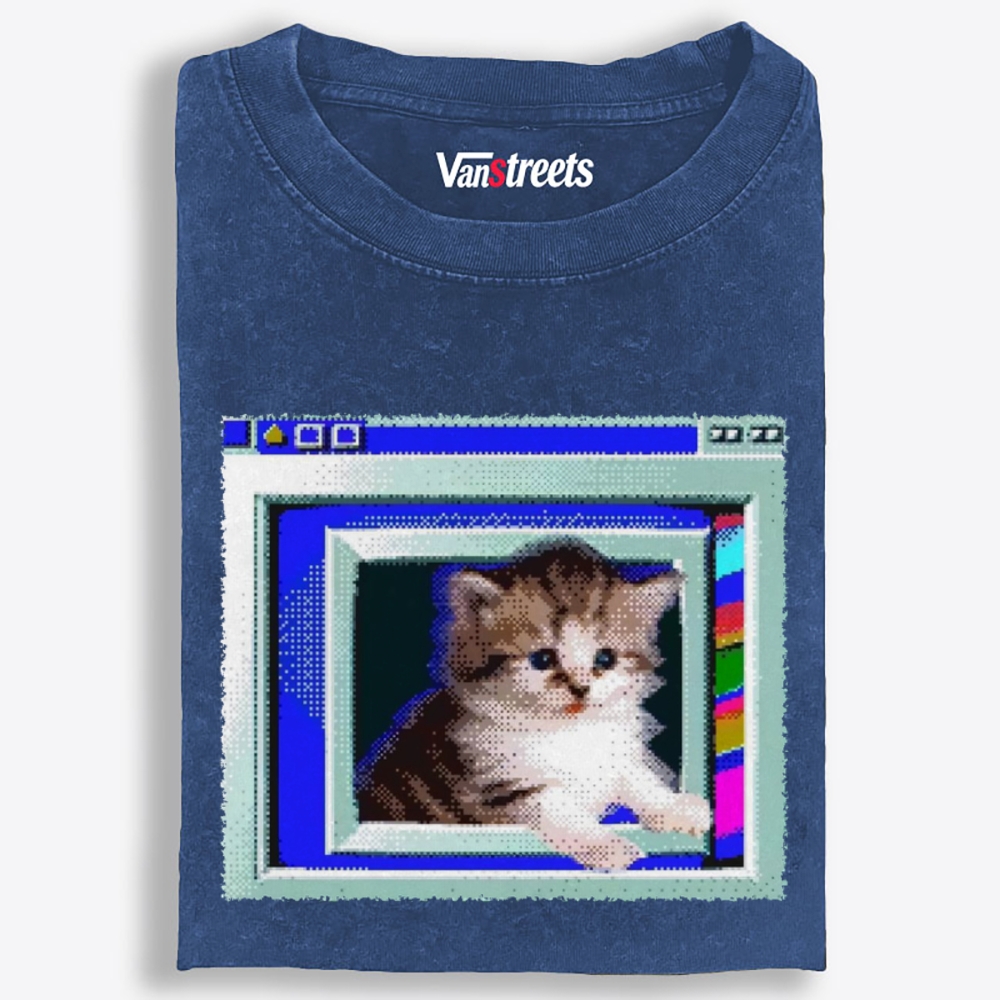 Windows Pop-out Pixel Kitten Retro Washed T-Shirt | 100% Cotton | Streetwear Essential