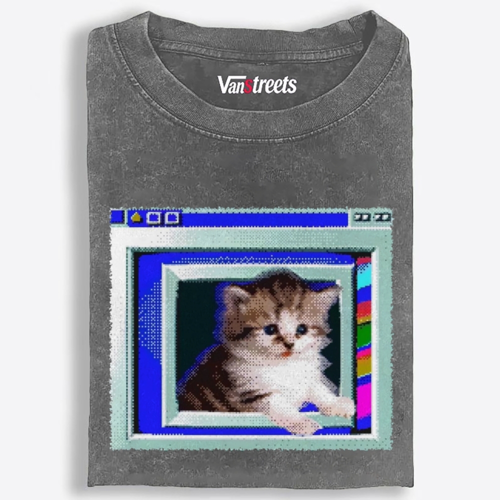 Windows Pop-out Pixel Kitten Retro Washed T-Shirt | 100% Cotton | Streetwear Essential