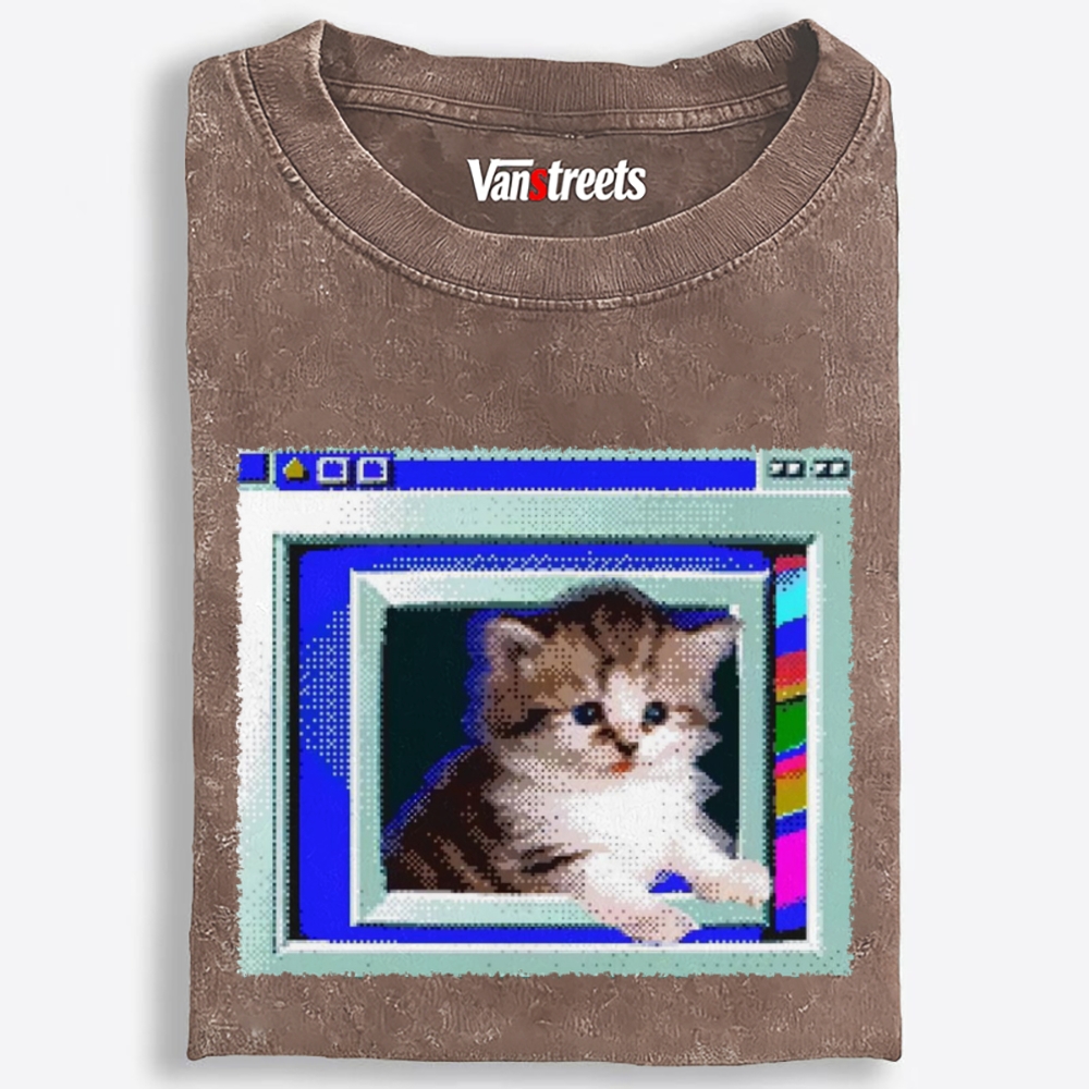 Windows Pop-out Pixel Kitten Retro Washed T-Shirt | 100% Cotton | Streetwear Essential