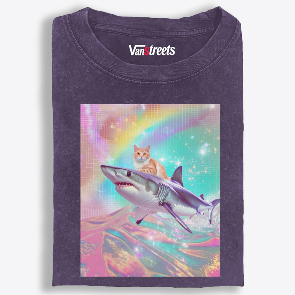 Laser Dream Shark Rider Cat Retro Washed T-Shirt | 100% Cotton | Streetwear Essential