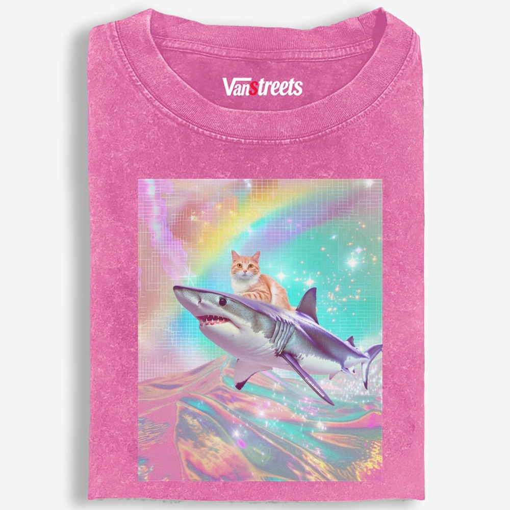 Laser Dream Shark Rider Cat Retro Washed T-Shirt | 100% Cotton | Streetwear Essential