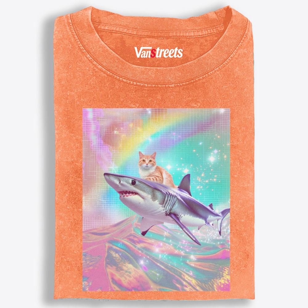 Laser Dream Shark Rider Cat Retro Washed T-Shirt | 100% Cotton | Streetwear Essential