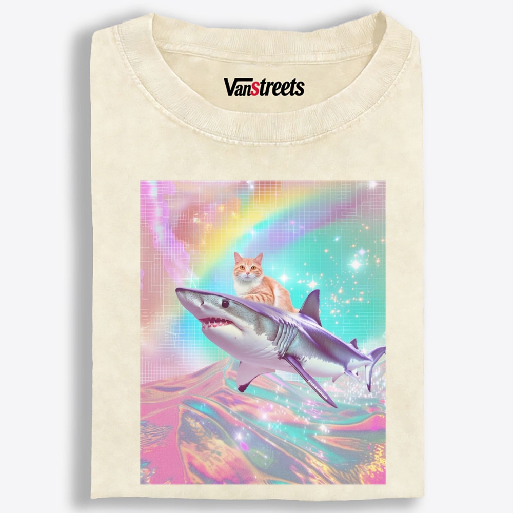 Laser Dream Shark Rider Cat Retro Washed T-Shirt | 100% Cotton | Streetwear Essential