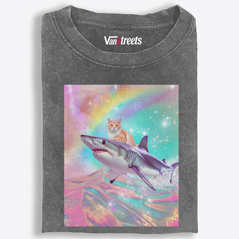 Laser Dream Shark Rider Cat Retro Washed T-Shirt | 100% Cotton | Streetwear Essential