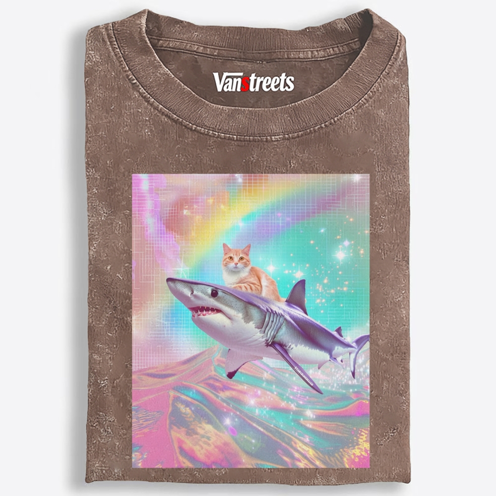 Laser Dream Shark Rider Cat Retro Washed T-Shirt | 100% Cotton | Streetwear Essential