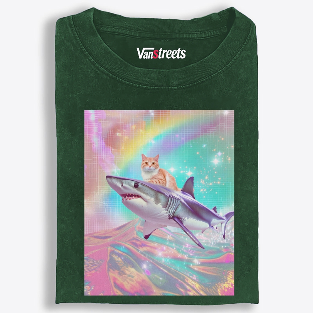 Laser Dream Shark Rider Cat Retro Washed T-Shirt | 100% Cotton | Streetwear Essential
