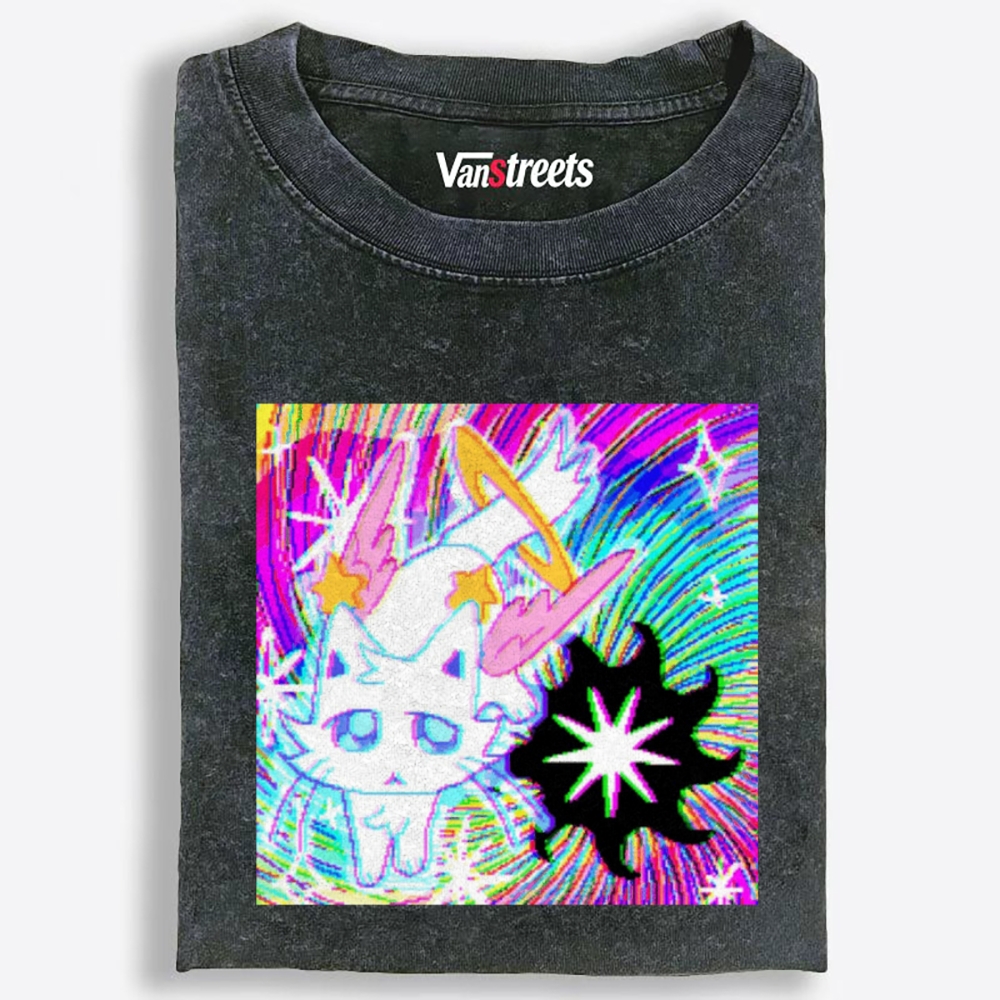 Glitch Neon Devil Space Kitty Retro Washed T-Shirt | 100% Cotton | Streetwear Essential