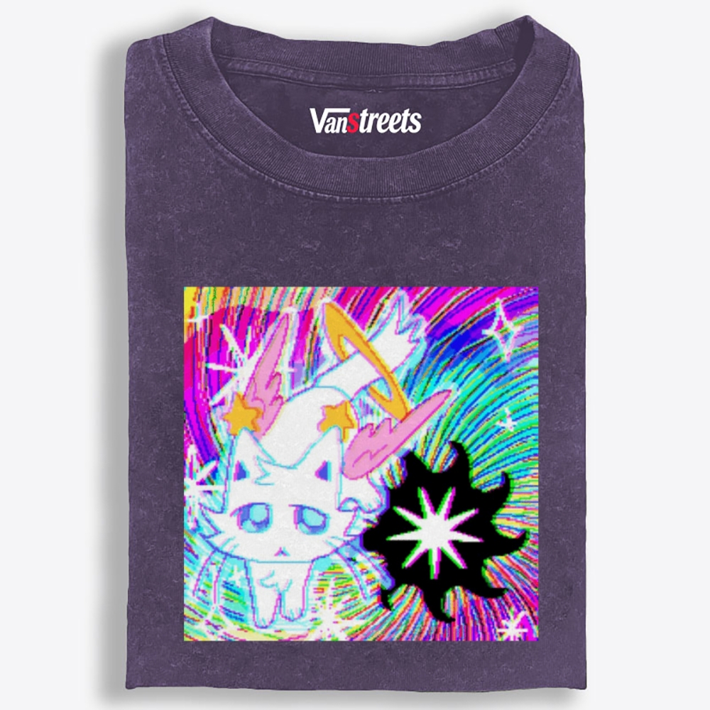Glitch Neon Devil Space Kitty Retro Washed T-Shirt | 100% Cotton | Streetwear Essential