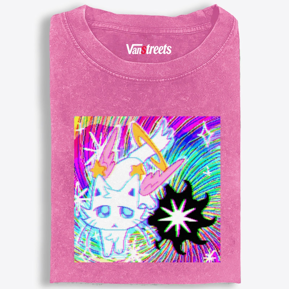 Glitch Neon Devil Space Kitty Retro Washed T-Shirt | 100% Cotton | Streetwear Essential