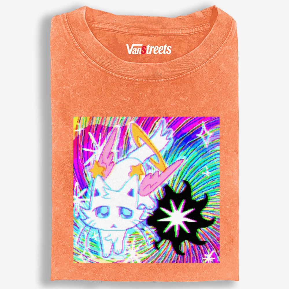 Glitch Neon Devil Space Kitty Retro Washed T-Shirt | 100% Cotton | Streetwear Essential