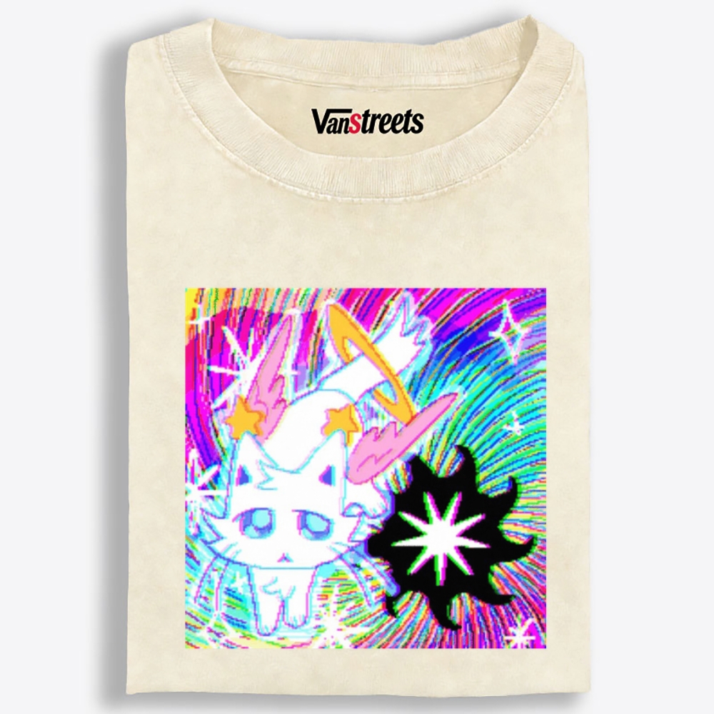 Glitch Neon Devil Space Kitty Retro Washed T-Shirt | 100% Cotton | Streetwear Essential