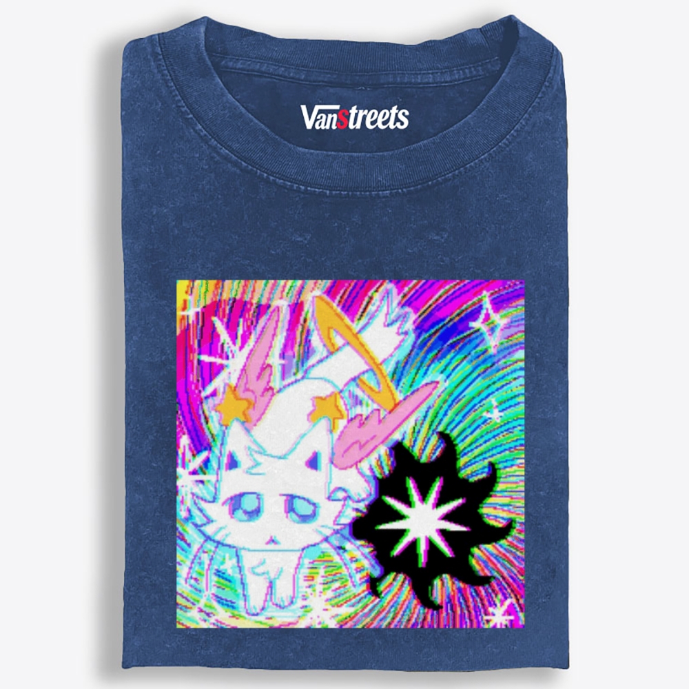 Glitch Neon Devil Space Kitty Retro Washed T-Shirt | 100% Cotton | Streetwear Essential