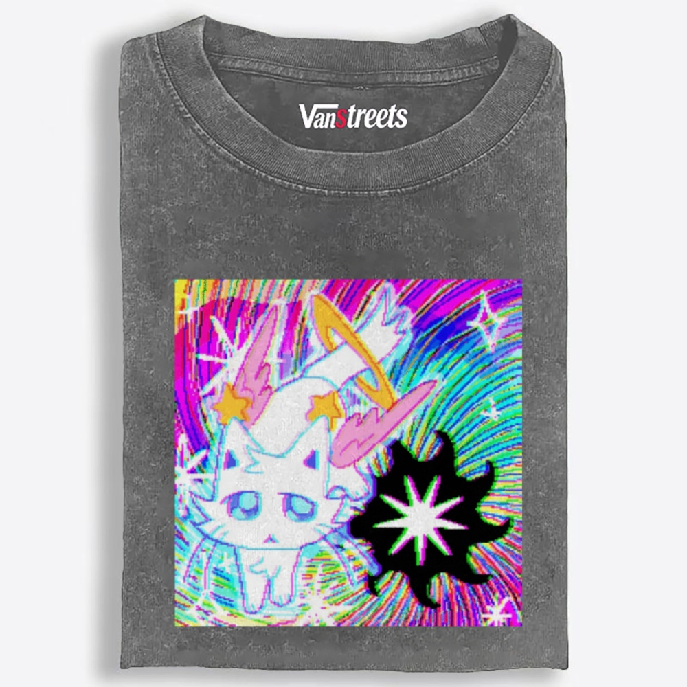Glitch Neon Devil Space Kitty Retro Washed T-Shirt | 100% Cotton | Streetwear Essential