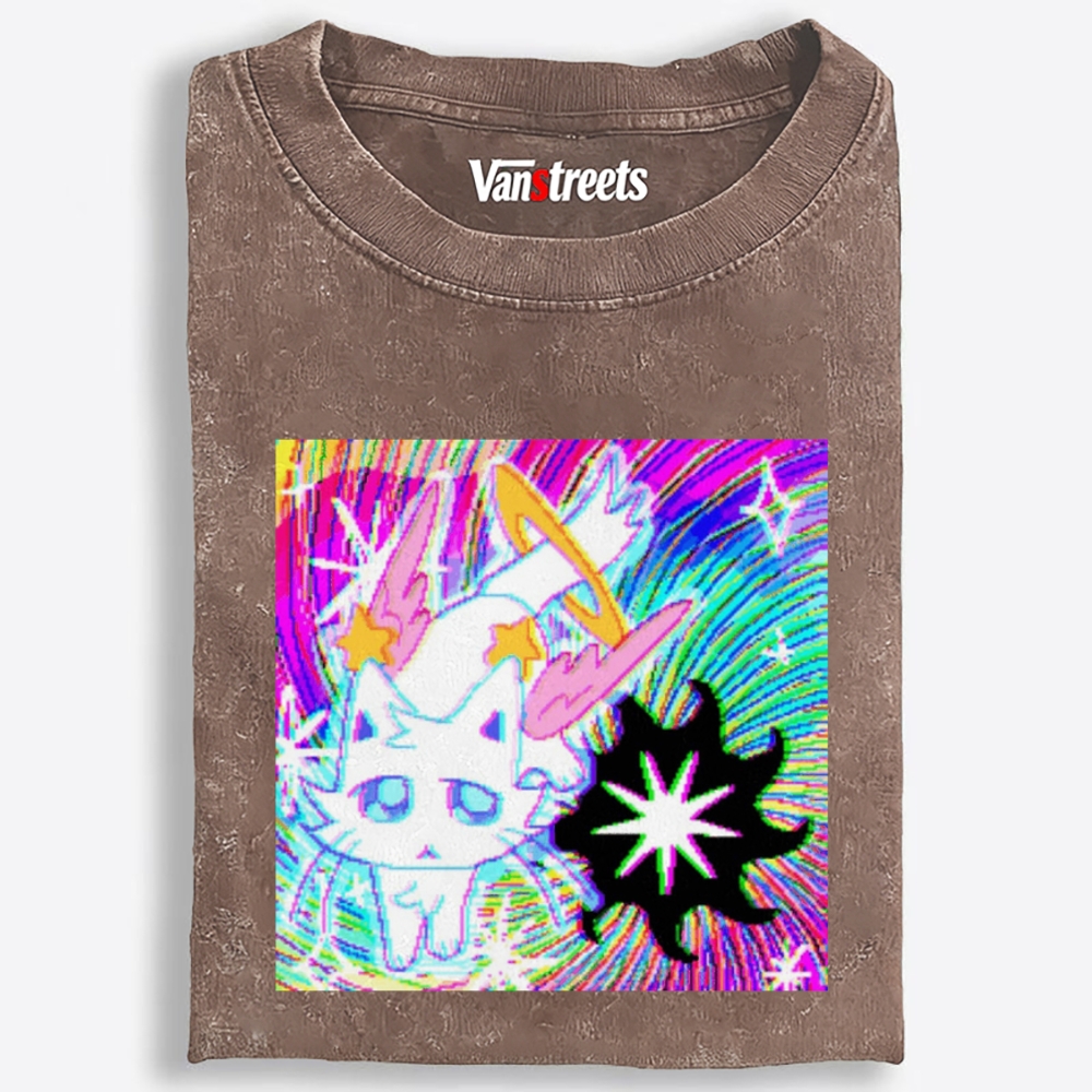 Glitch Neon Devil Space Kitty Retro Washed T-Shirt | 100% Cotton | Streetwear Essential