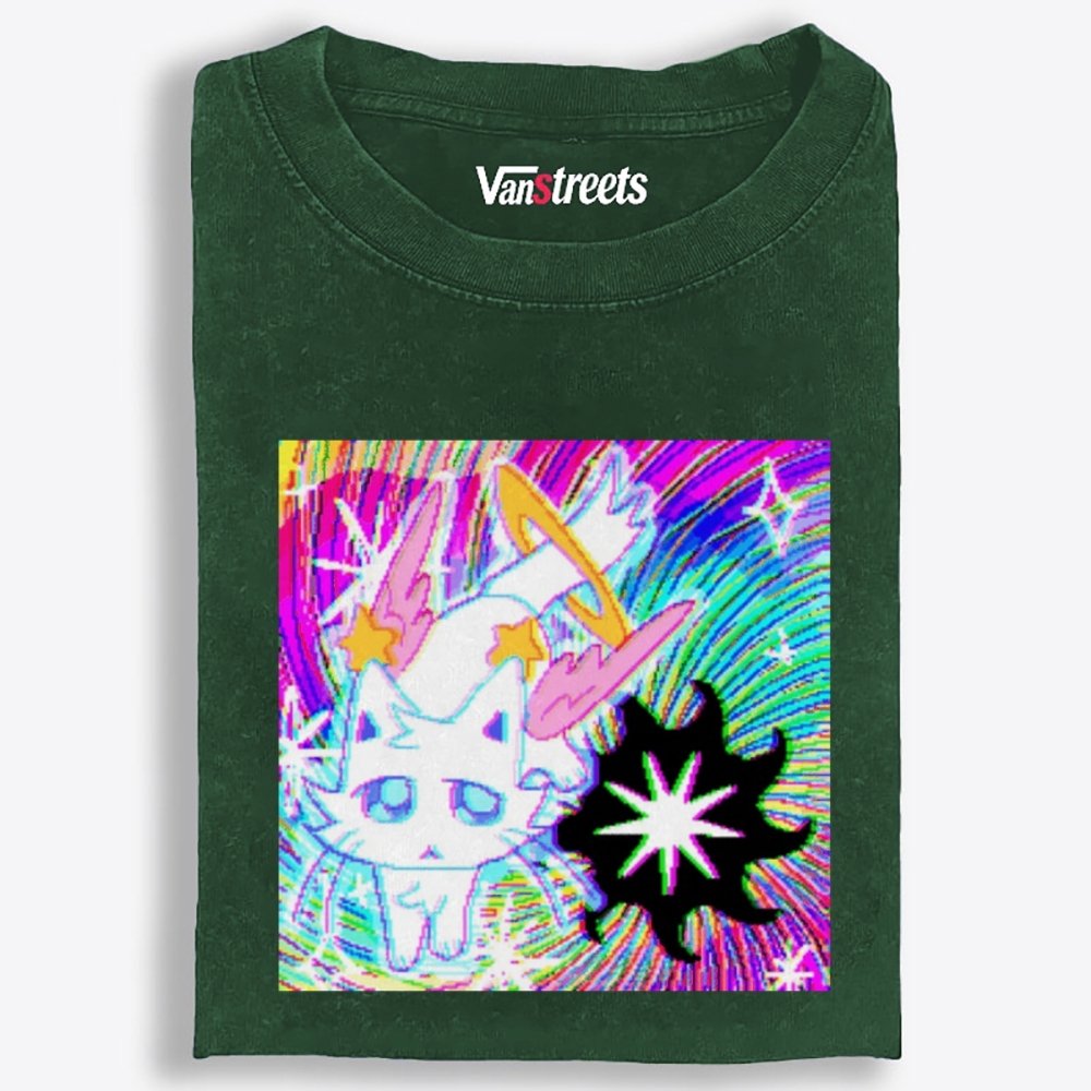 Glitch Neon Devil Space Kitty Retro Washed T-Shirt | 100% Cotton | Streetwear Essential