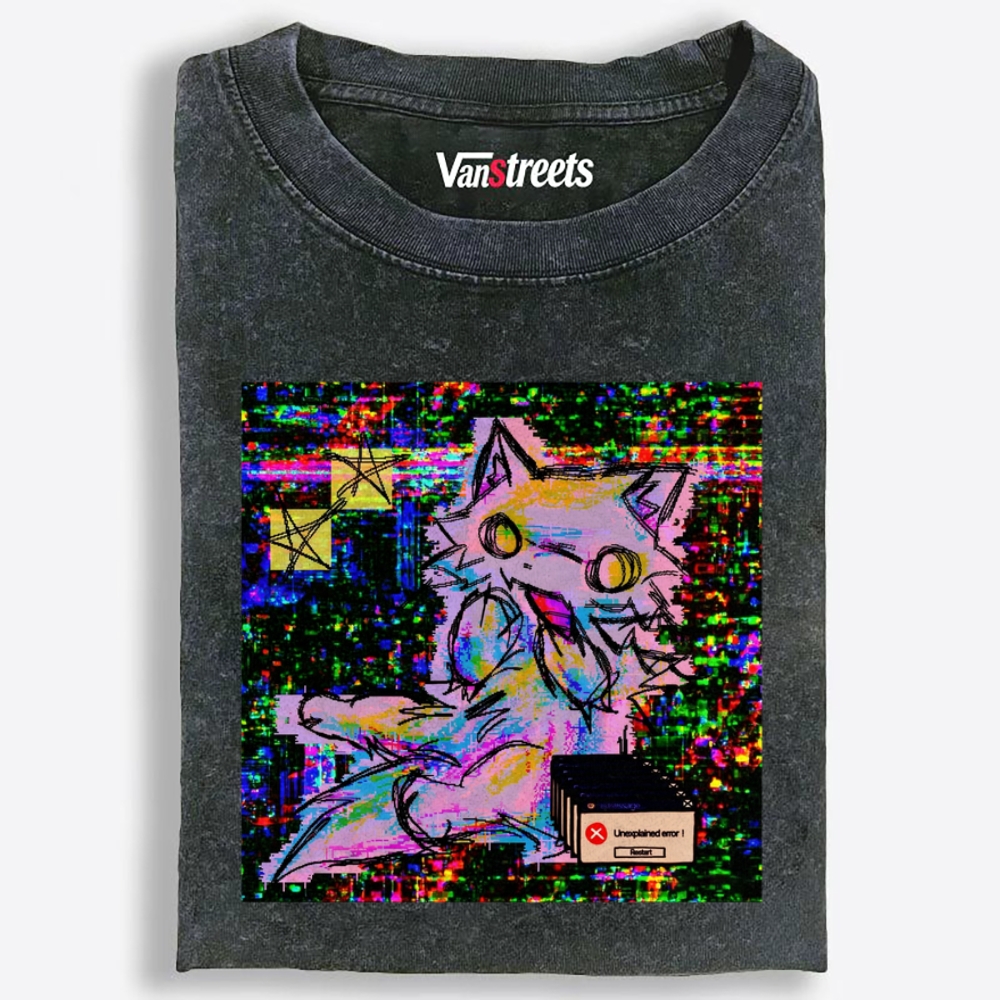Trippy Screen Bug Dimension Cat Retro Washed T-Shirt | 100% Cotton | Streetwear Essential