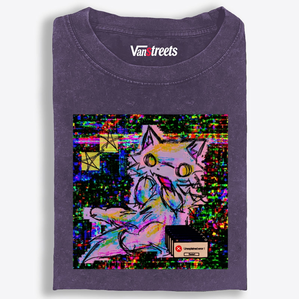 Trippy Screen Bug Dimension Cat Retro Washed T-Shirt | 100% Cotton | Streetwear Essential