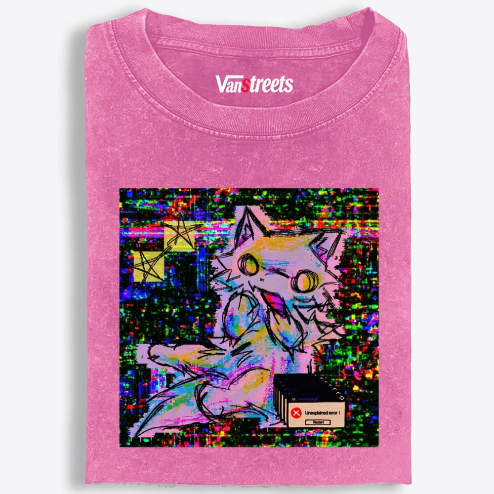 Trippy Screen Bug Dimension Cat Retro Washed T-Shirt | 100% Cotton | Streetwear Essential