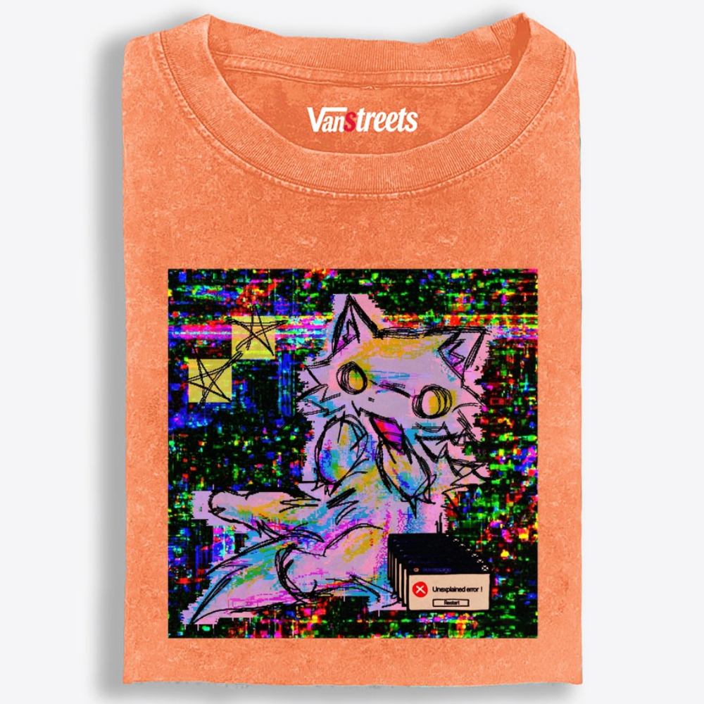 Trippy Screen Bug Dimension Cat Retro Washed T-Shirt | 100% Cotton | Streetwear Essential