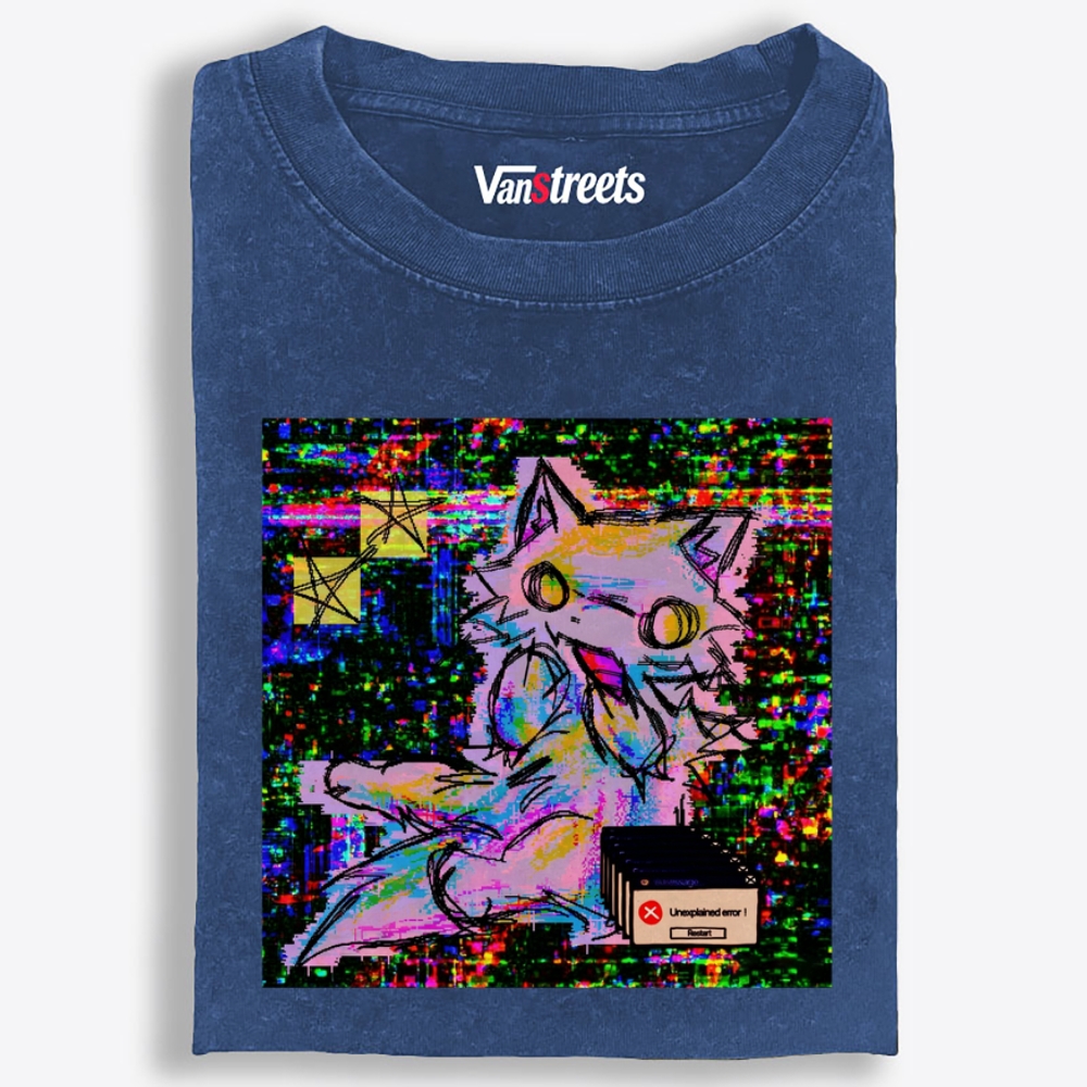 Trippy Screen Bug Dimension Cat Retro Washed T-Shirt | 100% Cotton | Streetwear Essential