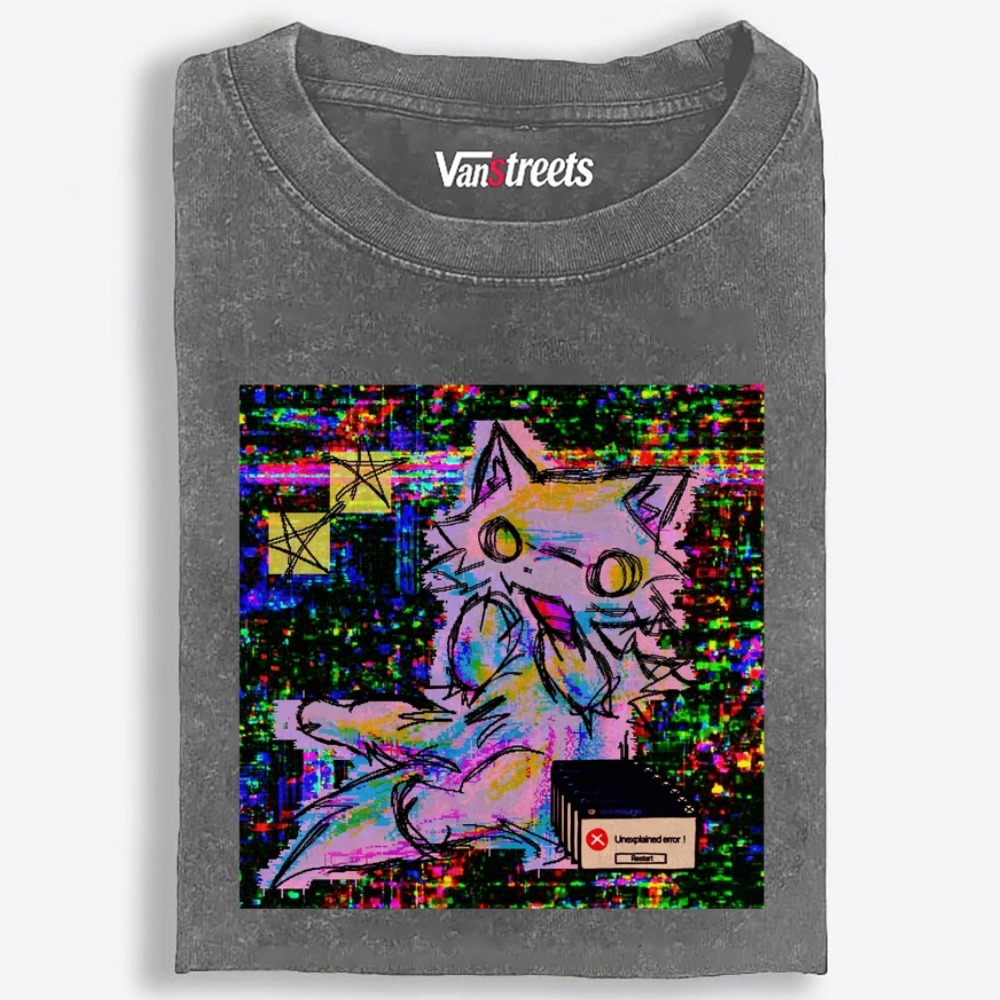 Trippy Screen Bug Dimension Cat Retro Washed T-Shirt | 100% Cotton | Streetwear Essential
