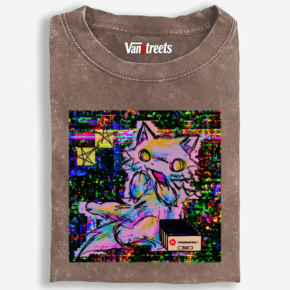 Trippy Screen Bug Dimension Cat Retro Washed T-Shirt | 100% Cotton | Streetwear Essential