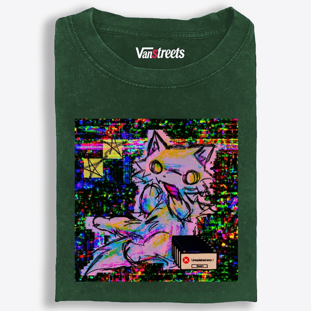 Trippy Screen Bug Dimension Cat Retro Washed T-Shirt | 100% Cotton | Streetwear Essential
