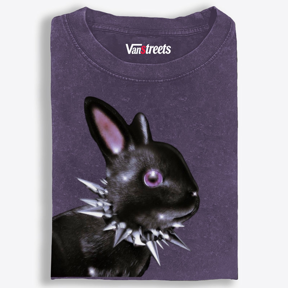 Punk Spiked Collar Goth Black Bunny Retro Washed T-Shirt | 100% Cotton | Streetwear Essential