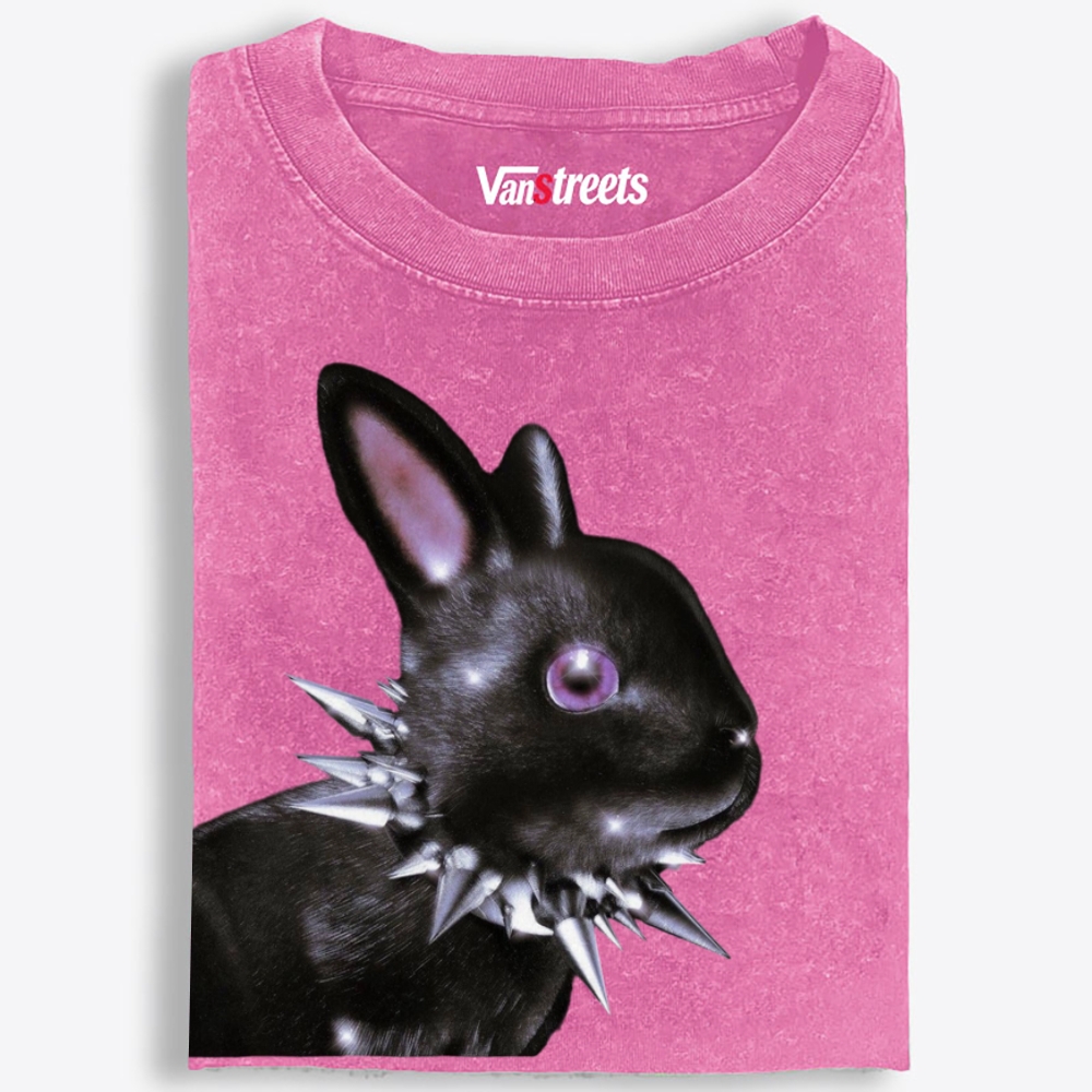 Punk Spiked Collar Goth Black Bunny Retro Washed T-Shirt | 100% Cotton | Streetwear Essential
