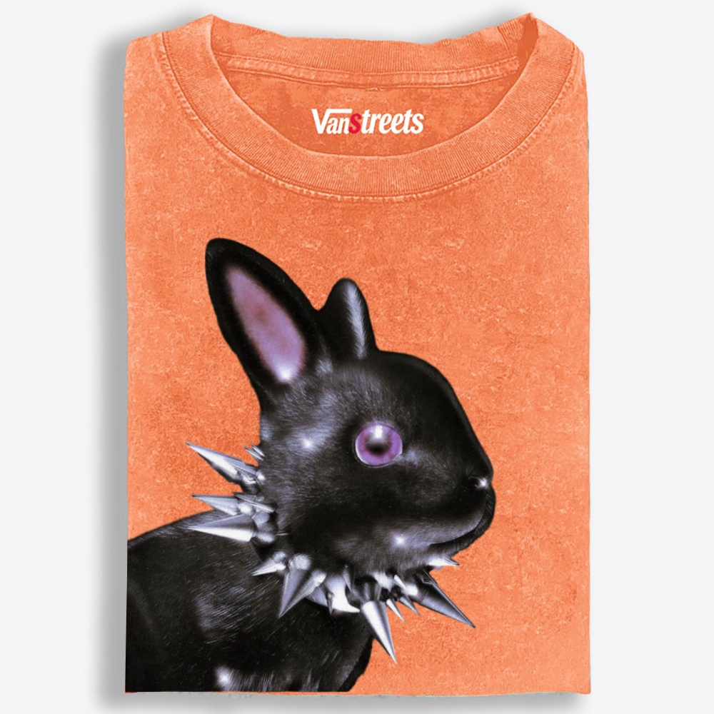 Punk Spiked Collar Goth Black Bunny Retro Washed T-Shirt | 100% Cotton | Streetwear Essential