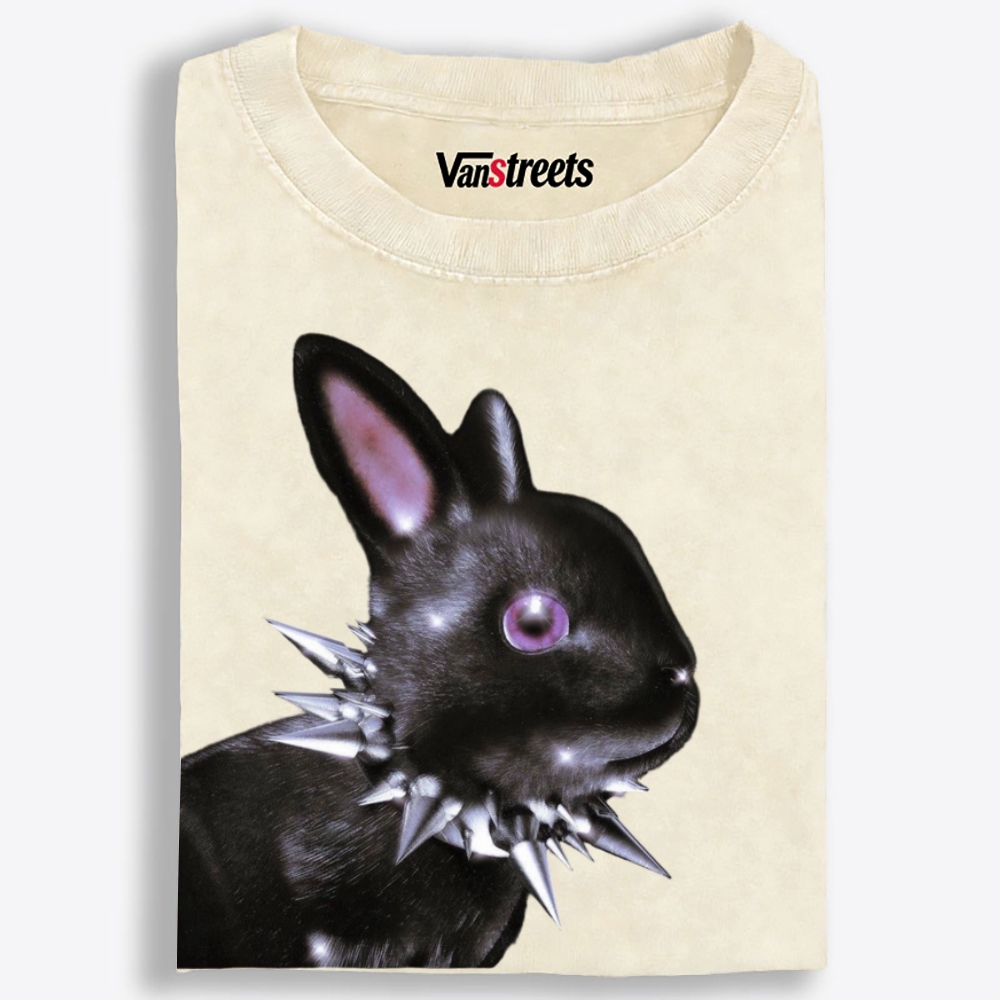Punk Spiked Collar Goth Black Bunny Retro Washed T-Shirt | 100% Cotton | Streetwear Essential