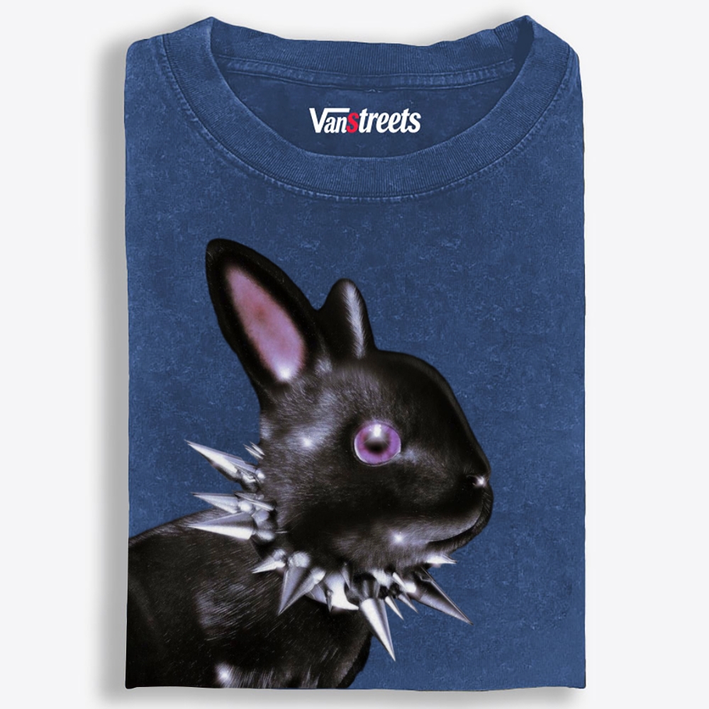 Punk Spiked Collar Goth Black Bunny Retro Washed T-Shirt | 100% Cotton | Streetwear Essential