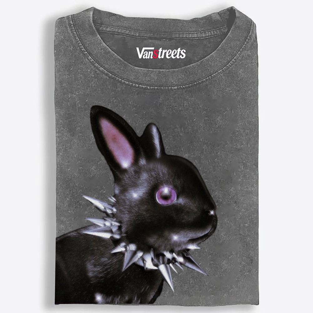 Punk Spiked Collar Goth Black Bunny Retro Washed T-Shirt | 100% Cotton | Streetwear Essential