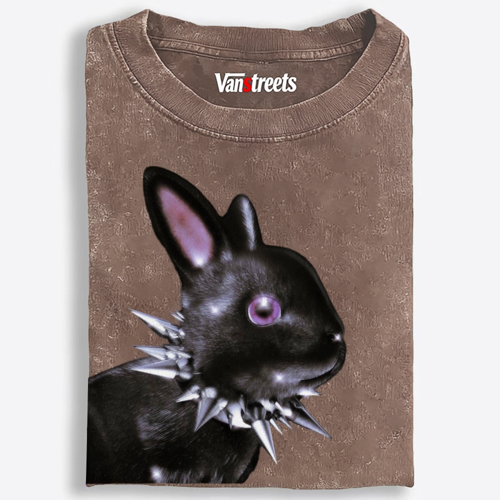 Punk Spiked Collar Goth Black Bunny Retro Washed T-Shirt | 100% Cotton | Streetwear Essential