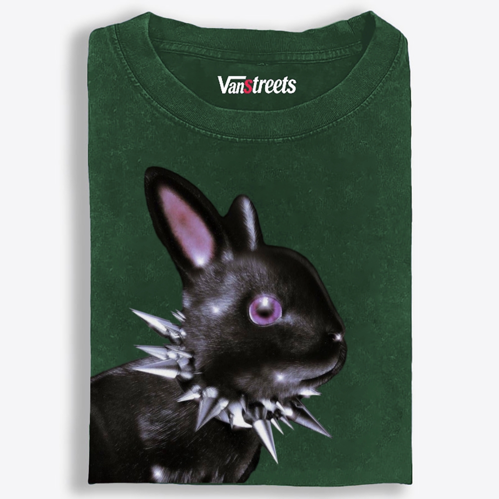 Punk Spiked Collar Goth Black Bunny Retro Washed T-Shirt | 100% Cotton | Streetwear Essential