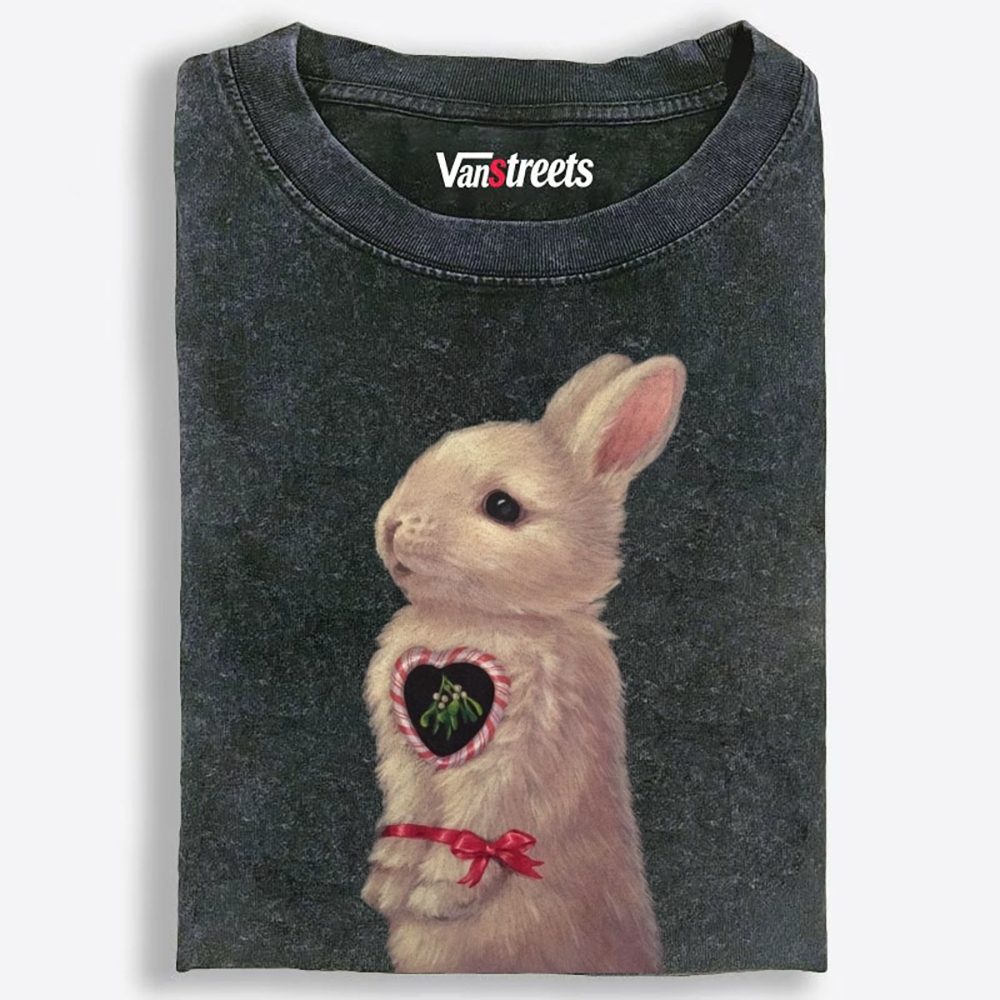 Heart Mistletoe Fluffy Rabbit Retro Washed T-Shirt | 100% Cotton | Streetwear Essential
