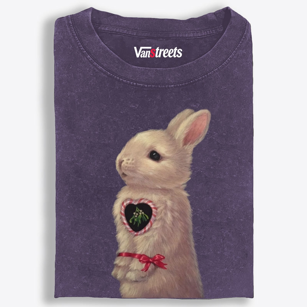 Heart Mistletoe Fluffy Rabbit Retro Washed T-Shirt | 100% Cotton | Streetwear Essential