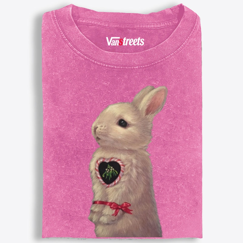 Heart Mistletoe Fluffy Rabbit Retro Washed T-Shirt | 100% Cotton | Streetwear Essential