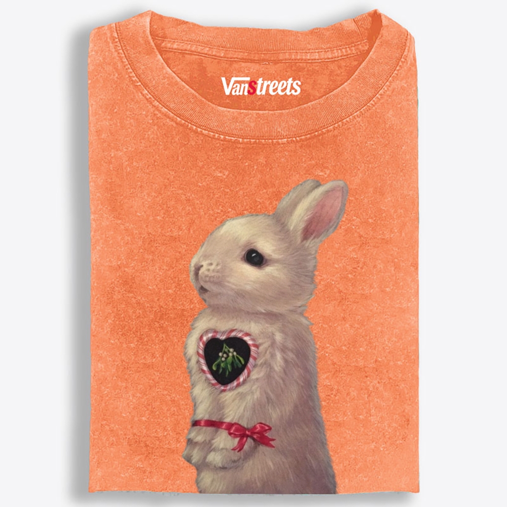 Heart Mistletoe Fluffy Rabbit Retro Washed T-Shirt | 100% Cotton | Streetwear Essential
