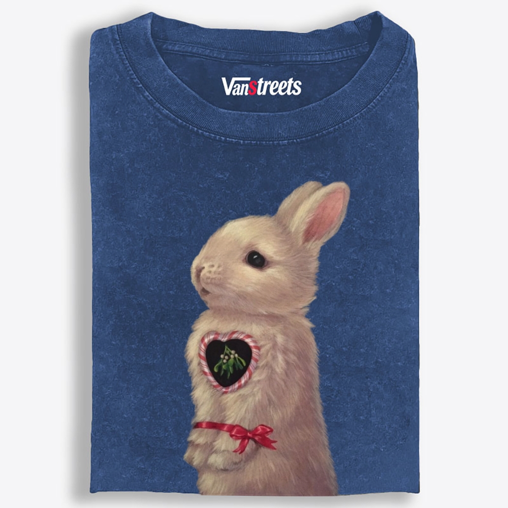 Heart Mistletoe Fluffy Rabbit Retro Washed T-Shirt | 100% Cotton | Streetwear Essential