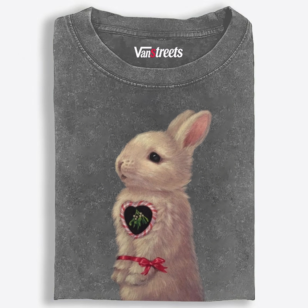 Heart Mistletoe Fluffy Rabbit Retro Washed T-Shirt | 100% Cotton | Streetwear Essential
