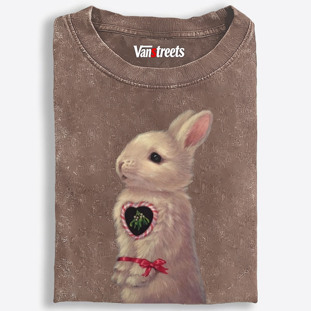 Heart Mistletoe Fluffy Rabbit Retro Washed T-Shirt | 100% Cotton | Streetwear Essential