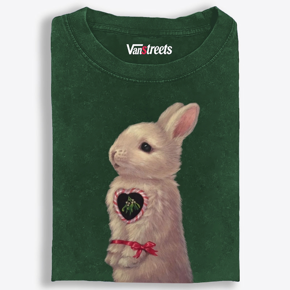 Heart Mistletoe Fluffy Rabbit Retro Washed T-Shirt | 100% Cotton | Streetwear Essential