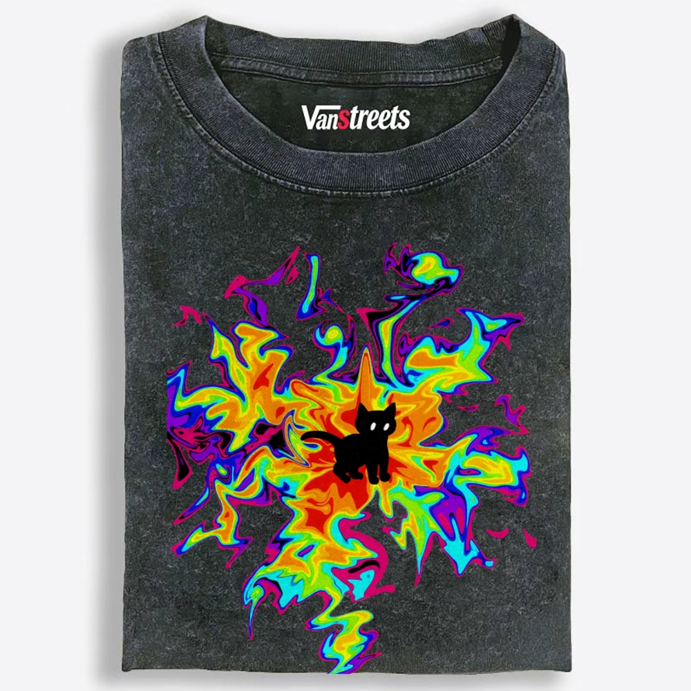 Psychedelic Burst Neon Cat Art Retro Washed T-Shirt | 100% Cotton | Streetwear Essential